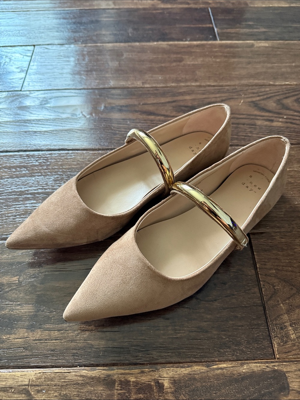a new day Nude/Tan Pointed Suede Flats with Gold Strap